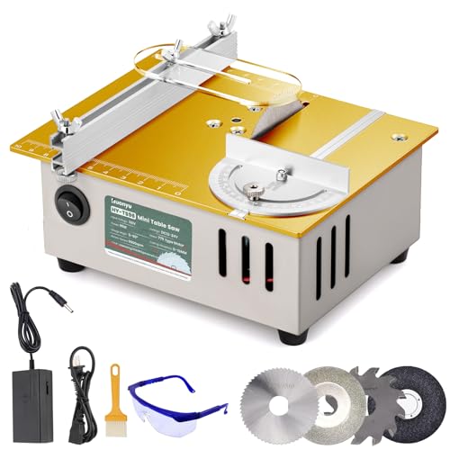 Huanyu Mini Table Saw 96W 9000RPM Hobby Electric Saw 7-Level Speed Adjustable 0-90 Angle 15MM Cutting Depth with Blade Model DIY Crafts Cutting Tool...