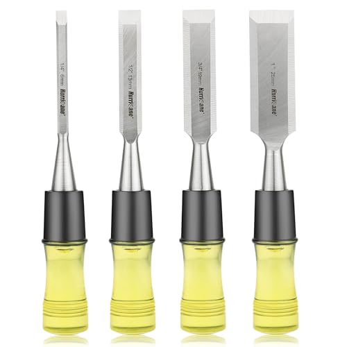 HURRICANE 4 Piece Wood Chisel Set for Woodworking. CR-V Steel Beveled Edge Blades with Safety Caps. Durable PVC High Impact Handle, for Precision...