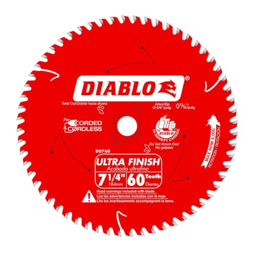 Diablo Ultra Finish Carbide Saw Blade for Wood - 7-1/4' Diameter, 60 ATB Teeth, 5/8' Arbor, .059' Kerf, 10° Hook Angle, .040' Plate, 8000 Max RPM -...