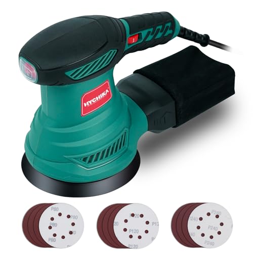 HYCHIKA 5-Inch Random Orbital Sander, 13000RPM Electric Palm Sander with 6 Variable Speeds, Powerful Motor, 12PCS Sandpapers and Efficient Dust...