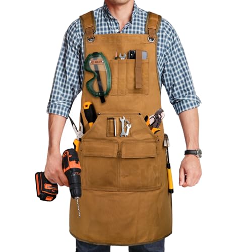 Woodworking Apron for Men, Shop Apron 20 oz Canvas Work Apron with 9 Tool Pockets, Heavy Duty Wood Working Workshop Bib Apron for Carpenter Woodworker...