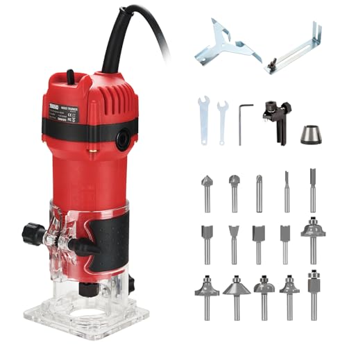 TEENO Wood Router, 6.5Amp 1.25HP Wood Routers for Woodworking, 800W Hand Wood Router Tool, 31000R/MIN Compact Edge Trimmer with 15 1/4' Router Bit Set
