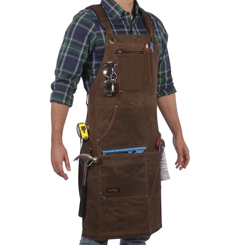 ecoZen 16oz Waxed Canvas Work Apron with Tape Holder - 27 x 34 inches Shop Apron with Elastic Back Strap and Front Pockets, Fully Adjustable, Tough...