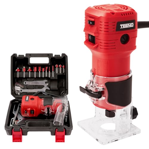 TEENO Wood Router, 650W Compact Router Tool for Woodworking, Hand Wood Trimmer with 12Pcs 1/4' Bits Set, 6 Speeds, Edge & Roller Guide, Portable Tool...