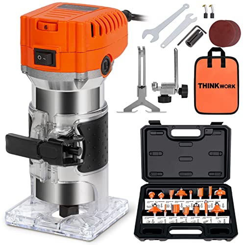 THINKWORK Router Tool, 6 Variable Speeds Wood Router for Woodworking, 6.5 Amp 1.25 HP Trim Router with 15 Pieces 1/4' Router Bits Set